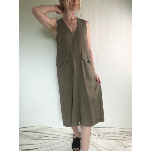 SUGAR CANDY MOUNTAIN Slouched Sleeveless Taupe Green Linen Dress Oversized US XS - Picture 11 of 13
